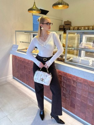 Wmpulse Kadın Uzun Kollu V Yaka Dantel Güpür Detay Bluz