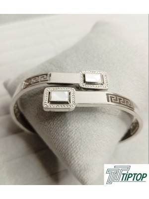 Tiptop Ticaret Gümüş Renk Beyaz Mineli Kelepçe Bileklik