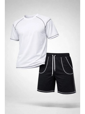 Marsilyan Erkek Spor Tişört Şort Takım Kontrast Dikiş Detaylı Ovarsize Rahat Kalıp - Beyaz