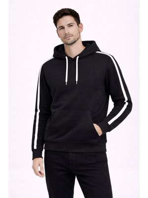 Marsilyan Erkek Şeritli Kapüşonlu Sweatshirt Oversize 3 Iplik Pamuklu - Siyah