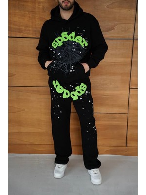 Marsilyan Kapüşonlu Eşofman Takım Örümcek Ağı ve Neon Yeşil Baskılı Kanguru Cepli Oversize Rahat Kalıp, Premium Üç Iplik Kumaş - Siyah -