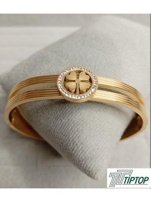 Tiptop Ticaret Yonca Model Zirkon Taşlı Gold Renk Kelepçe Bileklik