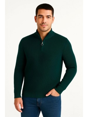 Marsilyan Yarım Fermuarlı Triko Kazak – Selanik Örgü, Dik Yaka, Pamuklu Dokuma, Regular Fit Uzun Kollu Kışlık Model - Haki -