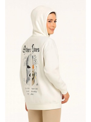 Marsilyan Kapşonlu Sweatshirt – Oversize Üç Iplik Şardonlu Hoodie, “other Lives” Ön  Arka Baskılı, Kanguru Cepli, Kışlık Rahat Günlük Stil - Beyaz -