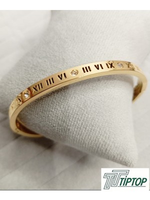 Tiptop Ticaret Romen Rakam Zirkon Taşlı Gold Renk Kelepçe Bileklik