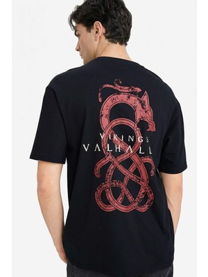 DeFacto %100 Pamuk Vikings Valhalla Boxy Fit Bisiklet Yaka Baskılı Kısa Kollu Tişört F8172AX26SP