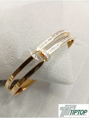 Tiptop Ticaret Zirkon Taşlı Çivi Model Gold Renk Kelepçe Bileklik