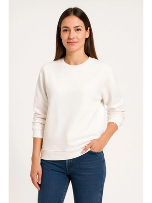 Marsilyan Üç Iplik Düz Bisiklet Yaka Sweatshirt - Beyaz -