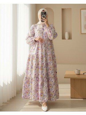 Modamorfo Yarım Düğmeli Kolu Lastikli Çiçek Desenli Elbise -Lila