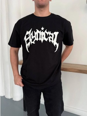 Marsilyan Erkek Bisiklet Yaka Ön Baskılı  Kısa Kollu Tişört Streetwear Günlük Basic Pamuklu T-Shirt - Siyah