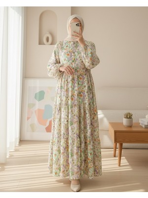 Modamorfo Yarım Düğmeli Kolu Lastikli Çiçek Desenli Elbise -Açık Sarı