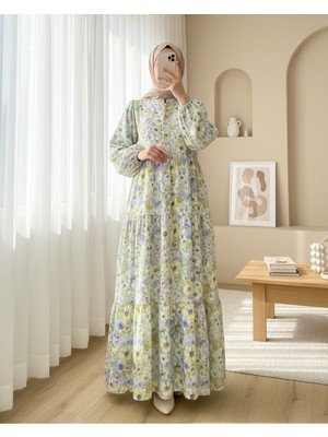 Modamorfo Yarım Düğmeli Kolu Lastikli Çiçek Desenli Elbise -A.yeşil