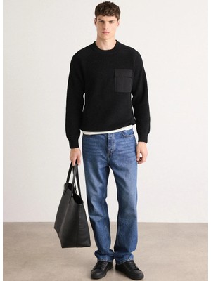 Boss Siyah Erkek Bisiklet Yaka Relaxed Kazak Kalamaro