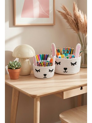 Tavşan Figürlü Ikili Örgü Sepet Seti - Oyuncak Sepeti - Bebek Odası Sepet - Düzenleyici - Organizer