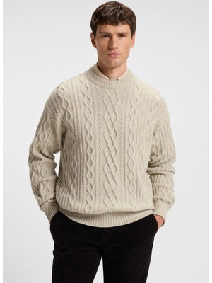 Boss Bisiklet Yaka Relaxed Desenli Bej Erkek Kazak Kableto