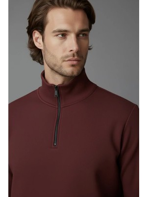 Modanı Seç Unisex Kışlık Bordo Yarım Fermuarlı Dik Yaka 2 Iplik Basic Sweatshirt