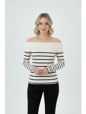 Modanı Seç Kadın Çizgili Madonna Yaka Kaşkorse Beyaz Kazak