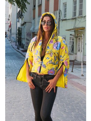 Modanı Seç Sarı Çiçekli Kapüşonlu Kolları Fermuarlı Kısa Şişme Mont