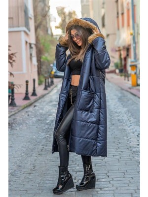 Modanı Seç Lacivert Kapüşonu Kürklü kolları Kürklü Büyük Beden Uzun Şişme Kaban