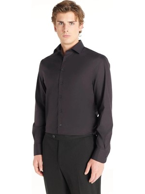 Ted Baker Slim Fit Klasik Yaka Düz Siyah Erkek Gömlek TBMRSH1008