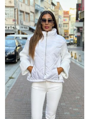Modanı Seç Beyaz Dik Yaka Kolları Triko Cepleri Fermuarlı Şişme Mont