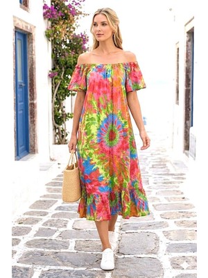 Modanı Seç Pembe Etnik Desenli Madonna Yaka Elbise