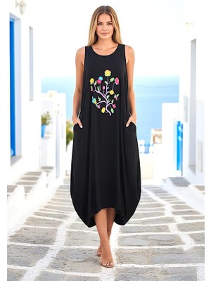 Modanı Seç Siyah Askılı Önü Çiçek Desenli Cepli Uzun Elbise