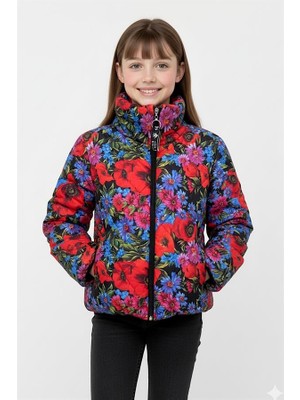 Modanı Seç Kız Çocuk Mavi Dik Yaka Çiçekli Şişme Mont