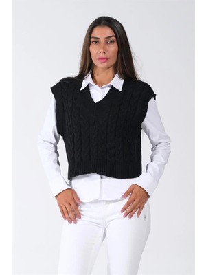 Modanı Seç Siyah V Yaka Crop Saç Örgü Triko Süveter