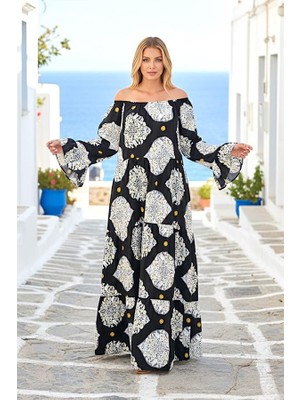 Modanı Seç Siyah Madonna Yaka Desenli Eteği Kat Kat Uzun Elbise