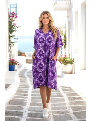 Modanı Seç Mor Desenli Gömlek Yaka Cepli Kısa Elbise