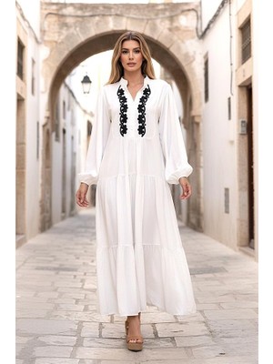 Modanı Seç Beyaz Önü Nakışlı Balon Kol Eteği Kat Kat Uzun Elbise