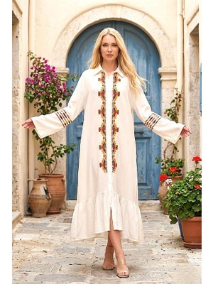 Modanı Seç Beyaz Önü ve Kolları Nakışlı Etekleri Fırfırlı Uzun Gömlek Elbise