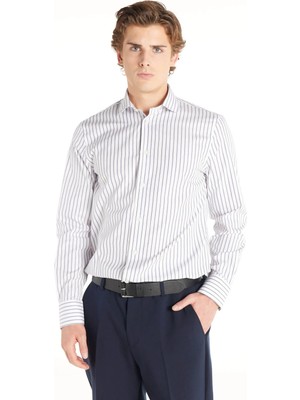 Ted Baker Slim Fit Klasik Yaka Çizgili Lacivert Erkek Gömlek TBMRSH1006