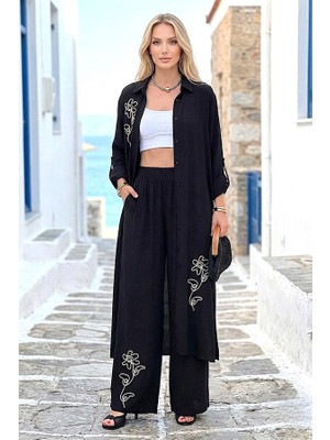 Modanı Seç Siyah Çiçek Nakışlı Gömlek Elbise Pantolon Takım