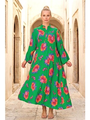 Modanı Seç Yeşil Kolu Volanlı Eteği Kat Kat Çiçekli Uzun Elbise