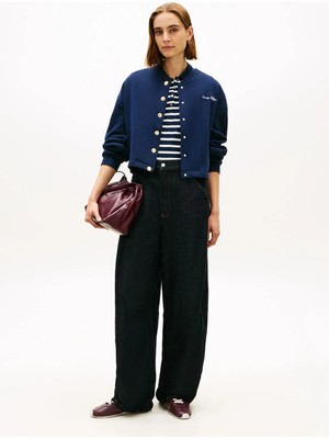 Tommy Hilfiger Lacivert Kadın Dik Yaka Standart Fit Nakışlı Sweatshirt Gold Btn Hwk Bomber