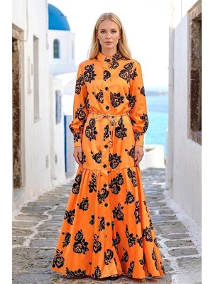 Modanı Seç Turuncu Hakim Yaka Çiçekli Etekleri Volanlı Saten Uzun Elbise