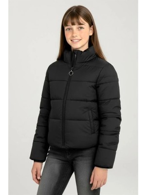 Modanı Seç Kız Çocuk Siyah Sırtı Taş Baskılı Dik Yaka Şişme Mont