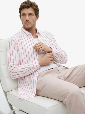 Fabrika Regular Fit Düğmeli Yaka Çizgili Beyaz - Kırmızı Erkek Gömlek F6SM-GML 2639