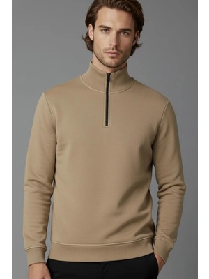 Modanı Seç Unisex Kışlık Açık Kahve Yarım Fermuarlı Dik Yaka 2 Iplik Basic Sweatshirt