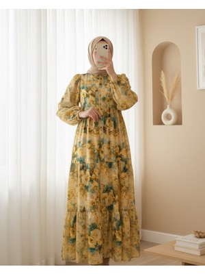 Modamorfo Yarım Düğmeli Karışık Desenli Kolu Lastikli Elbise -Hardal