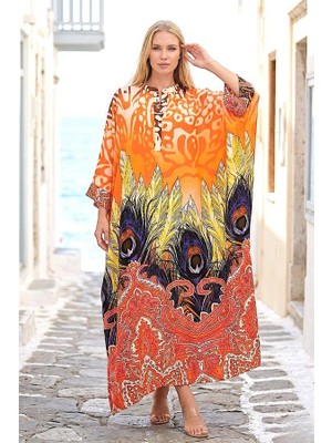 Modanı Seç Turuncu Dik Yaka Desenli Yarasa Kol Oversize Uzun Elbise