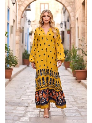 Modanı Seç Hardal Etnik Desenli V Yaka Balon Kol Önden Düğmeli Eteği Kat Kat Uzun Elbise