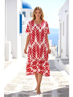 Modanı Seç Fuşya Desenli V Yaka Cepli Etekleri Fırıfırlı Midi Elbise