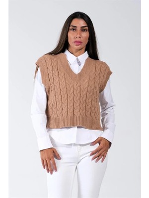 Modanı Seç Kahverengi V Yaka Crop Saç Örgü Triko Süveter