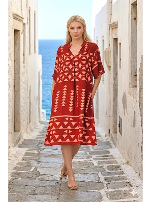 Modanı Seç Kiremit Rengi V Yaka Desenli Cepli Midi Elbise