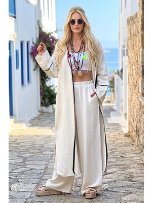 Modanı Seç Bej Siyah Bordürlü Keten Kimono Pantolon Takım