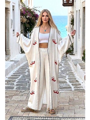 Modanı Seç Bej Turuncu Nakışlı Keten Kimono Pantolon Takım