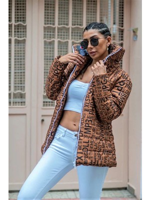 Modanı Seç Kahverengi Dik Yaka Su Geçirmez Yazılı Uzun Şişme Mont